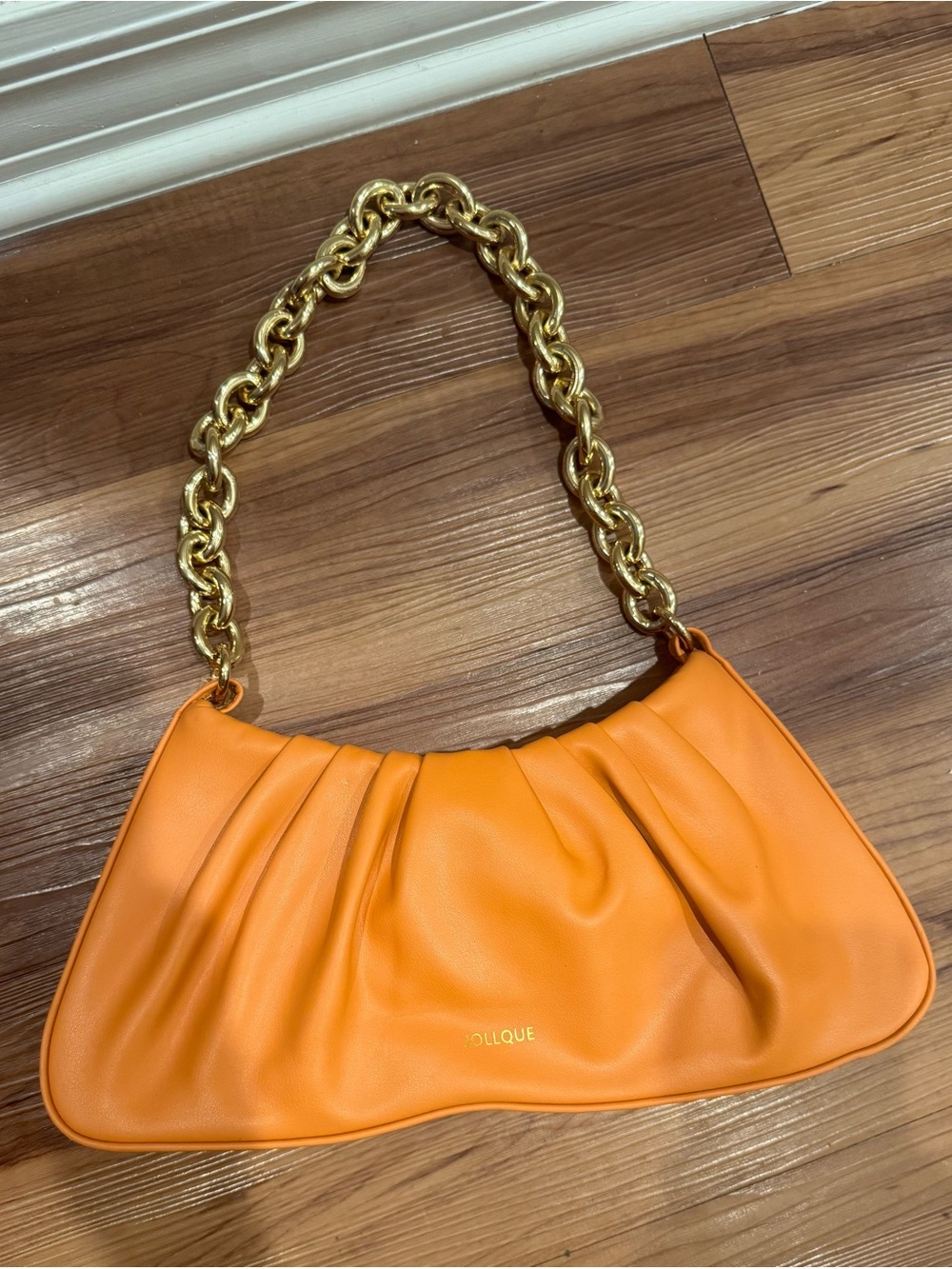 Orange Pleated Shoulder Bag with Gold Chain Handle
